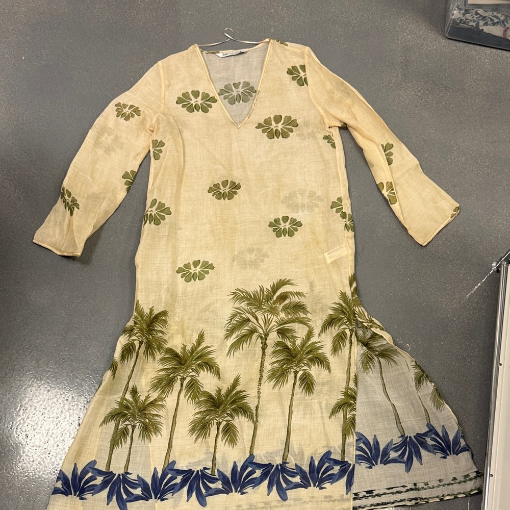 Zara Beige Maxi Dress with Green and Blue Palm Print